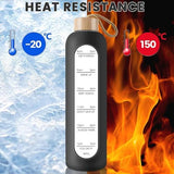 1000ml Glass Water Bottle with Time Marker - Borosilicate BPA-Free Bottle with Silicone Sleeve & Bamboo Lid