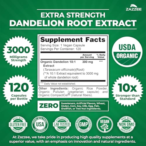 Zazzee USDA Organic Dandelion Root 10:1 Extract | 3000 mg Strength | 120 Capsules