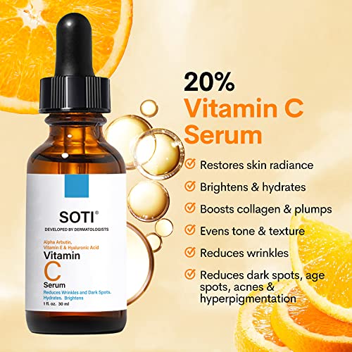 Vitamin C Face Serum 20% - Fades Dark Spots, Brightens Skin Tone, Anti-Aging with Hyaluronic Acid, Alpha Arbutin & Vitamin E (30ml)