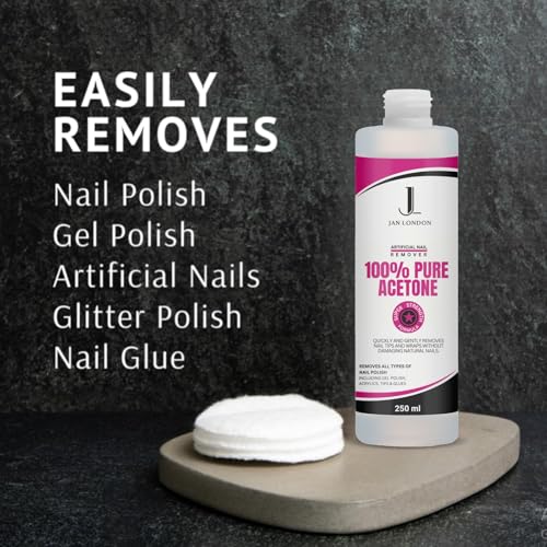 JAN LONDON 100% Pure Acetone Nail Polish Remover - Professional Strength for Gel & Acrylic Nails (250ml)
