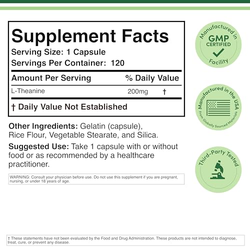 L-Theanine 200mg - 120 Soy-Free Capsules for Calm Focus & Stress Relief Synergy