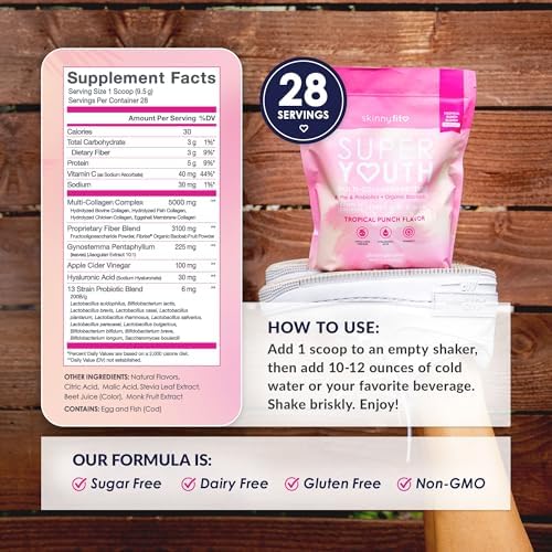 SkinnyFit Super Youth Tropical Punch Multi-Collagen Peptides + Probiotics, Baobab Fiber, Apple Cider Vinegar, Hyaluronic Acid, & Vitamin C, Skin, Hair, Joint & Metabolism Support, 30 Servings