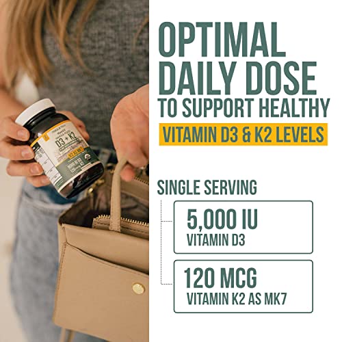 Organic Plant D3 + K2 | 5000 IU D3 + 120 mcg K2 (MK7) | Vegan, Whole Food, Enhanced Digestion | 60 Count