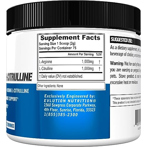 EVLution Nutrition L-Arginine + L-Citrulline Powder | Nitric Oxide & Endurance Support (75 Servings)