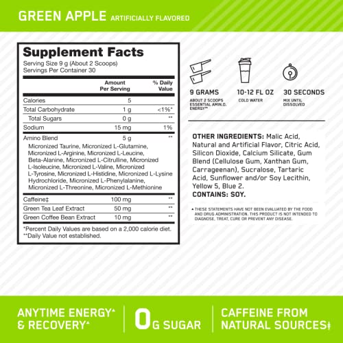Optimum Nutrition Amino Energy Pre Workout Powder - Green Apple, 270g (30 Servings) | BCAA, Amino Acids, Green Tea & Coffee Extract | Keto-Friendly, Sugar-Free