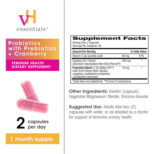 vH Essentials Probiotics for Women with Prebiotics, Cranberry & Vitamin C - 60 Capsules | Gut & Feminine Health Support
