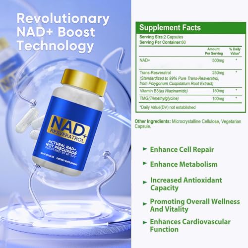 NAD+ Resveratrol Supplement with Nicotinamide Riboside 1000 Mg - 120 Capsules