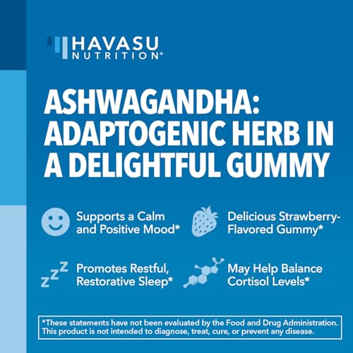 Ashwagandha Gummies - Non-GMO Calm Mood Adrenal Support, Gluten-Free Strawberry Gummies, Women and Men, 60 Count