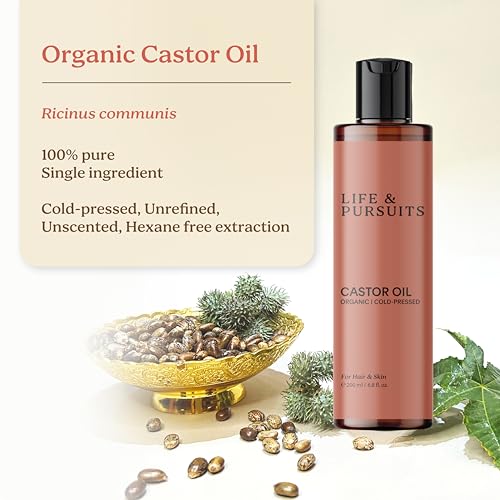 Life & Pursuits Organic Castor Oil (6.76 fl oz) - 100% Pure Hair Growth Oil and Moisturizer for Healthy Hair, Eyelashes, Eyebrows and Skin - Hexane-Free & Cold-Pressed Natural Oil