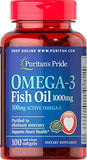 Puritan's Pride Omega-3 Fish Oil 1000mg (300mg Active Omega 3), 100 Softgels