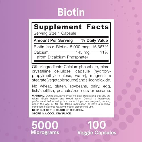 Jarrow Formulas Biotin 5000 mcg - 100 Capsules for Hair, Skin & Nails