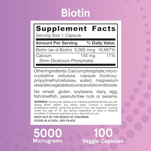 Jarrow Formulas Biotin 5000 mcg - 100 Capsules for Hair, Skin & Nails
