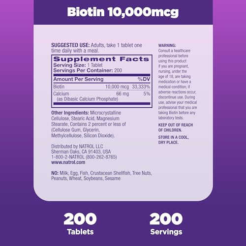 Natrol Biotin Maximum Strength Tablets - 10,000 mcg (200 Count) for Hair, Skin & Nails