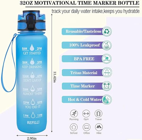 32oz Motivational Water Bottle with Time Marker - Leak-Proof BPA-Free Sports Bottle with Removable Strainer & Carrying Strap