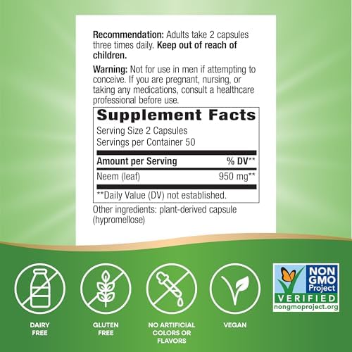 Nature's Way Herbal Neem Leaf, Traditional Intestinal Support*, Used in Ayurveda, 950 mg per 2-Capsule Serving, Non-GMO Project Verified, Vegan, 100 Capsules (Packaging May Vary)