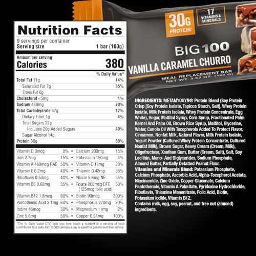 MET-Rx Big 100 Protein Meal Replacement Bar, Vanilla Caramel Churro, 9-Count