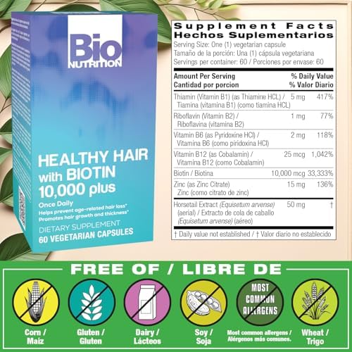 Bio Nutrition Biotin 10000 Plus Healthy Hair Vegetarian Capsules - 60 Count