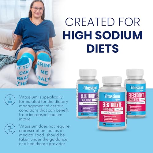 Vitassium FastChews, Chewable Electrolyte Tablets - Fast-Acting Sodium Tablets - Fruit Punch Flavour - 60 Count