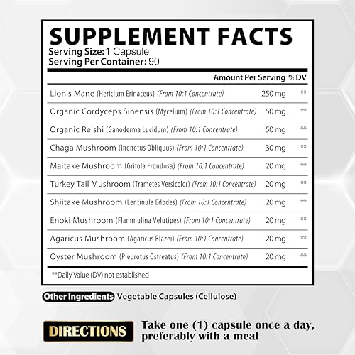 Satoomi 10in1 Mushroom Supplement Complex - 5000mg for Memory & Focus