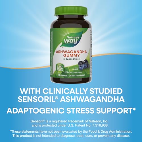 Nature’s Way Ashwagandha Gummies for Stress Relief - Adaptogenic, Berry Flavored, 125mg, 90 Count