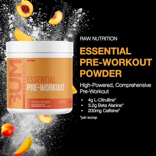 Raw Essential Pre-Workout Powder - Peach Mango, 30 Servings | Natural Energy & Performance Boost