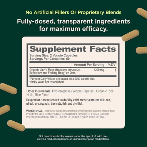 Lions Mane Nootropic Supplement Capsules, Organic, 1200mg Focus & Memory Support