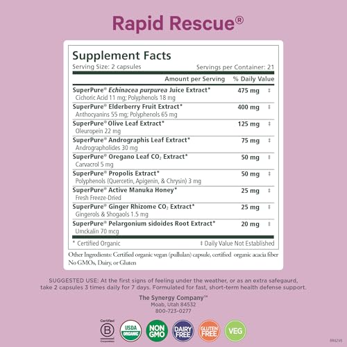 PURE SYNERGY Rapid Rescue Organic Immune Support Capsules - Herbal Immune Supplement with Echinacea, Elderberry & Olive Leaf