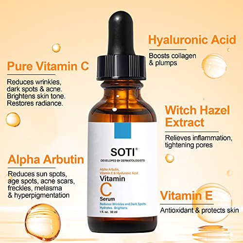 Vitamin C Face Serum 20% - Fades Dark Spots, Brightens Skin Tone, Anti-Aging with Hyaluronic Acid, Alpha Arbutin & Vitamin E (30ml)