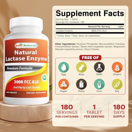 Best Naturals Fast-Acting Lactase Enzyme 3000 FCC ALU, 180 Tablets