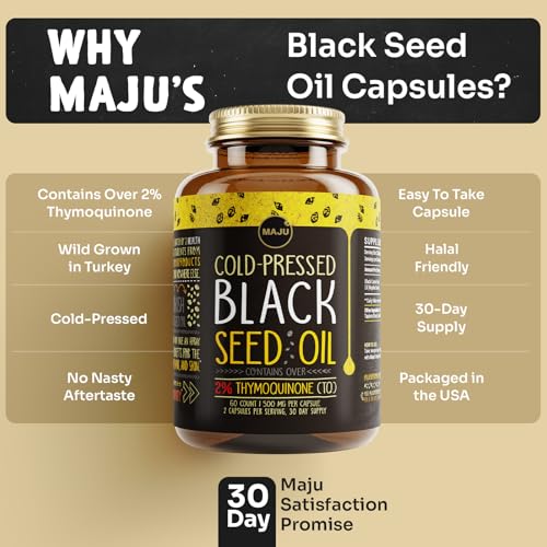 Maju Superfoods Black Seed Oil Capsules, Cold Pressed 2% Thymoquinone, 100% Turkish Black Cumin Nigella Sativa, 60 Count