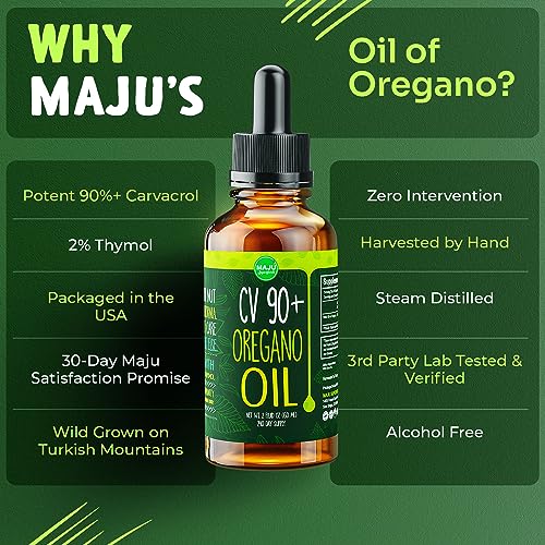 Maju Superfoods Oregano Oil Drops - 90%+ Carvacrol Wild Mediterranean Essential Oil Liquid 2 fl oz - Immune & Seasonal Support Supplement