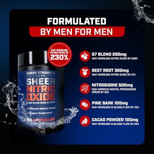 Nitric Oxide Booster - Clinically Tested for Pumps & Blood Flow - 270% More Nitric Oxide - Nitrosigine Supplement, S7 & Beetroot - Made in USA - 90 Capsules