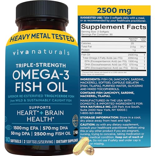 Triple Strength Omega 3 Fish Oil 2500mg - 180 Pescatarian-Friendly Capsules