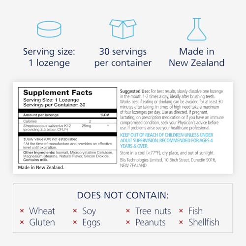 BLIS ThroatHealth Oral Probiotic - Most Potent BLIS K12 Formula - 2.5 Billion CFU - Throat Immunity Support for Adults and Kids - Sugar-Free Lozenges - 30 Day Supply