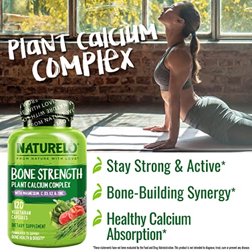 NATURELO Bone Strength - Plant-Based Calcium, Magnesium, Potassium, Vitamin D3, C, K2 - GMO, Soy, Gluten Free - 120 Vegetarian Capsules