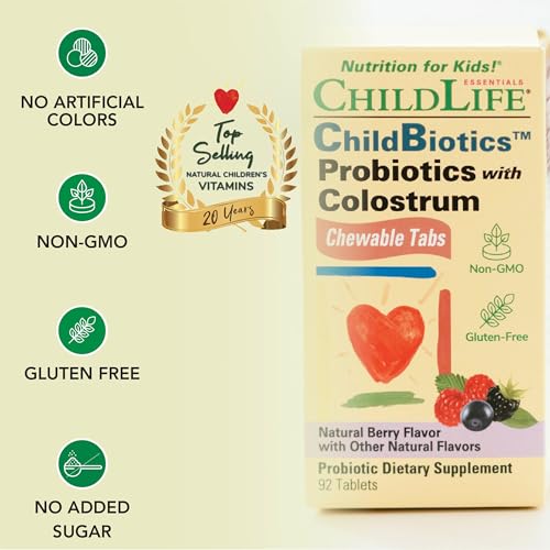 ChildLife Probiotics with Colostrum - Mixed Berry Flavor, 90 Chewable Tablets for Kids' Digestive & Immune Health