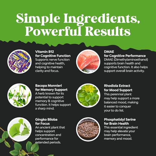 Nootropic Memory Supplement for Brain Support - Memory Pills with Vitamin B12, Bacopa Monnieri, Rhodiola Rosea, DMAE, Ginkgo Biloba & Phosphatidylserine - Natural Energy Booster