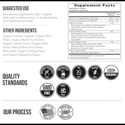 Organic Plant D3 + K2 | 5000 IU D3 + 120 mcg K2 (MK7) | Vegan, Whole Food, Enhanced Digestion | 60 Count