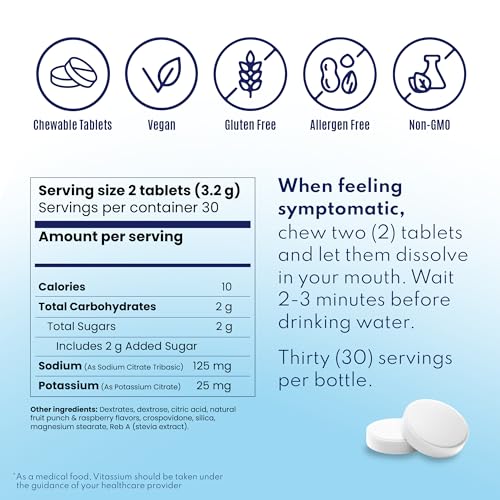 Vitassium FastChews, Chewable Electrolyte Tablets - Fast-Acting Sodium Tablets - Fruit Punch Flavour - 60 Count