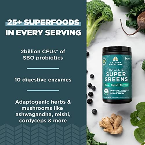 Ancient Nutrition Super Greens Powder - Organic Superfood Blend with Probiotics