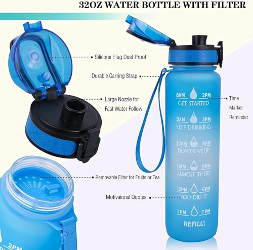 32oz Motivational Water Bottle with Time Marker - Leak-Proof BPA-Free Sports Bottle with Removable Strainer & Carrying Strap