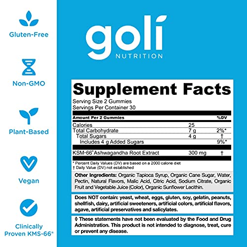 Goli KSM66 Ashwagandha Gummies - Mixed Berry Flavor, 60 Gluten-Free Gummies for Stress Relief