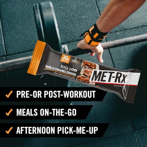 MET-Rx Big 100 Protein Meal Replacement Bar, Vanilla Caramel Churro, 9-Count
