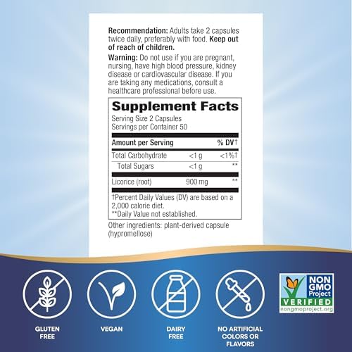Nature's Way Licorice Root, Traditional Digestive Support Supplement*, 900 mg per 2-Capsule Serving, Non-GMO Project Verified, 100 Vegan Capsules (Packaging May Vary)