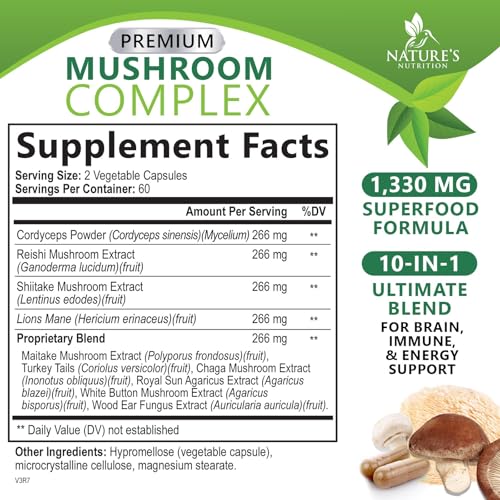 3X Strength Mushroom Complex - Lions Mane, Turkey Tail, Reishi, Cordyceps, Chaga & Maitake - 120 Capsules