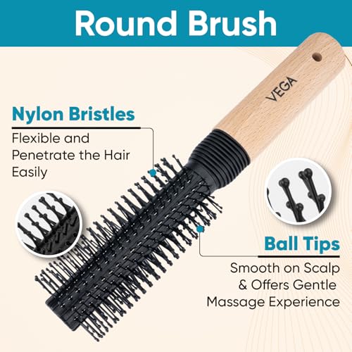 Vega Professional Round Brush - Wooden Handle, Black Head
