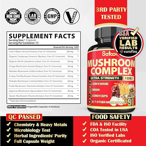 Satoomi 10in1 Mushroom Supplement Complex - 5000mg for Memory & Focus