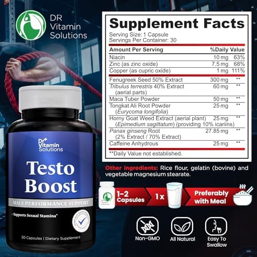 Dr. Vitamin Testo Boost Supplement for Men - Stamina, Endurance & Energy Enhancement - Male Testosterone Booster w/ Fenugreek, Tribulus, Tongkat Ali, Horny Goat Weed - 30 Capsules