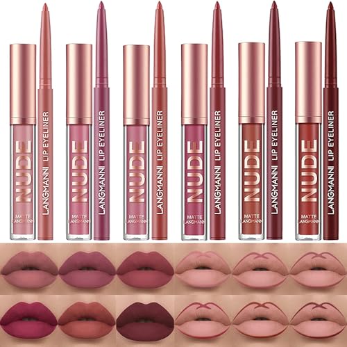 LANGMANNI 6 Matte Lipstick & Lip Liner Set - Long-Lasting Waterproof Velvet Lipgloss Kit