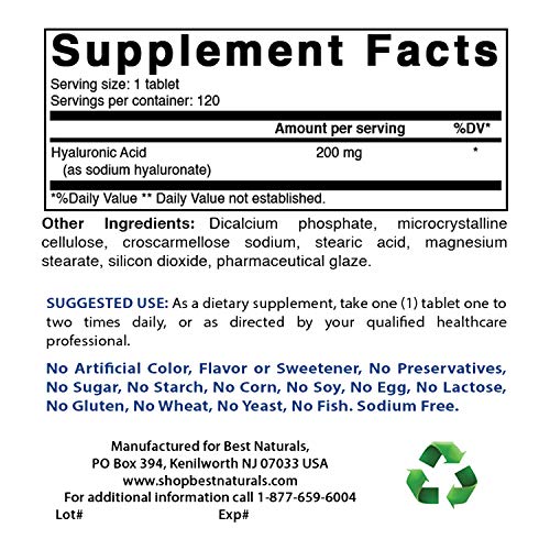 Best Naturals Hyaluronic Acid 200mg - Youthful Skin & Joint Support, 120 Tablets